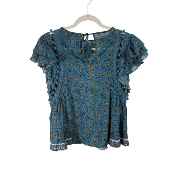 Sea New York Khloe Blue Floral Pom Pom Ruffled Flutter Sleeve Blouse Womens 2 - Picture 6 of 7
